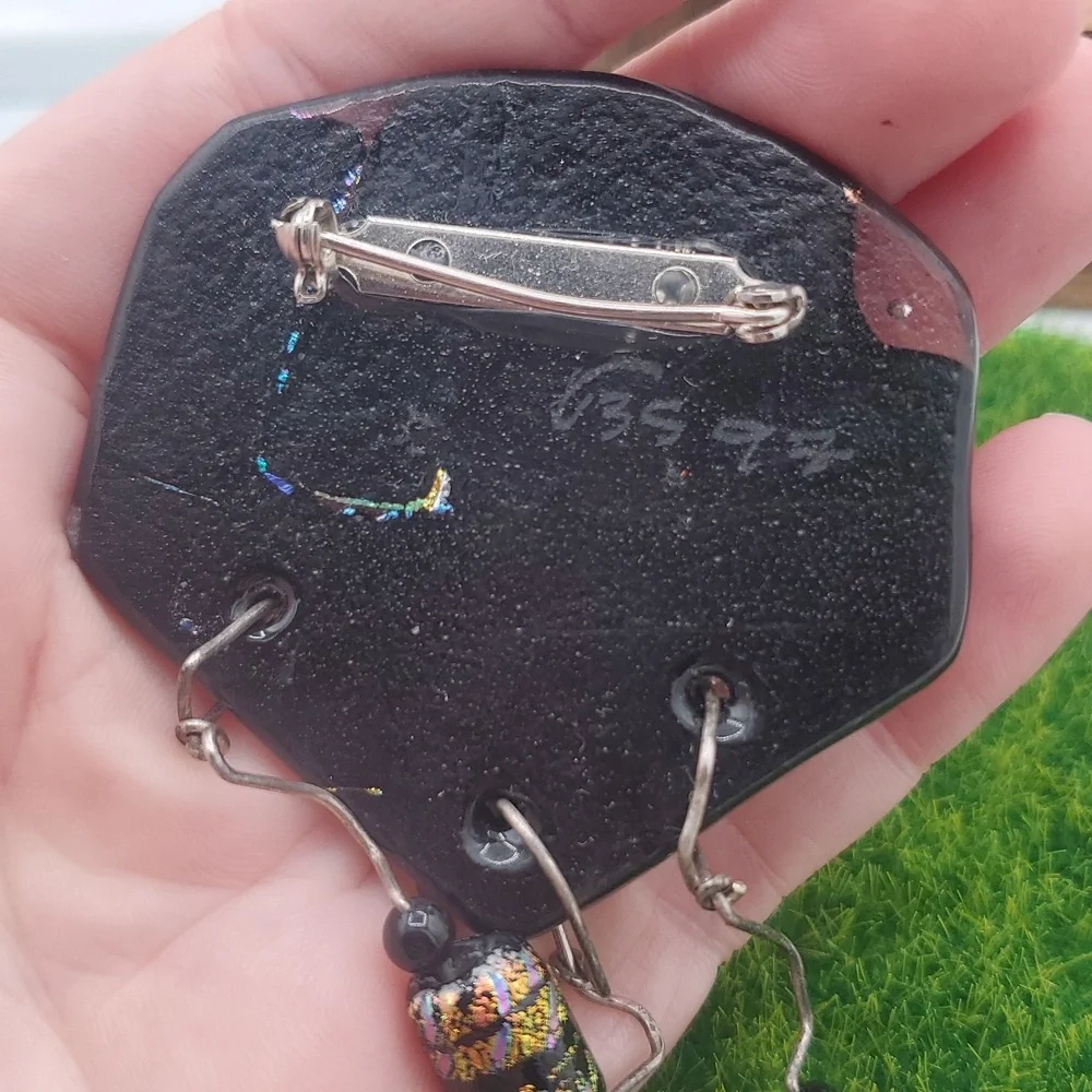 Vintage Signed 1997 Dichroic Art Glass Brooch Pin Fused Abstract Dangle B447
